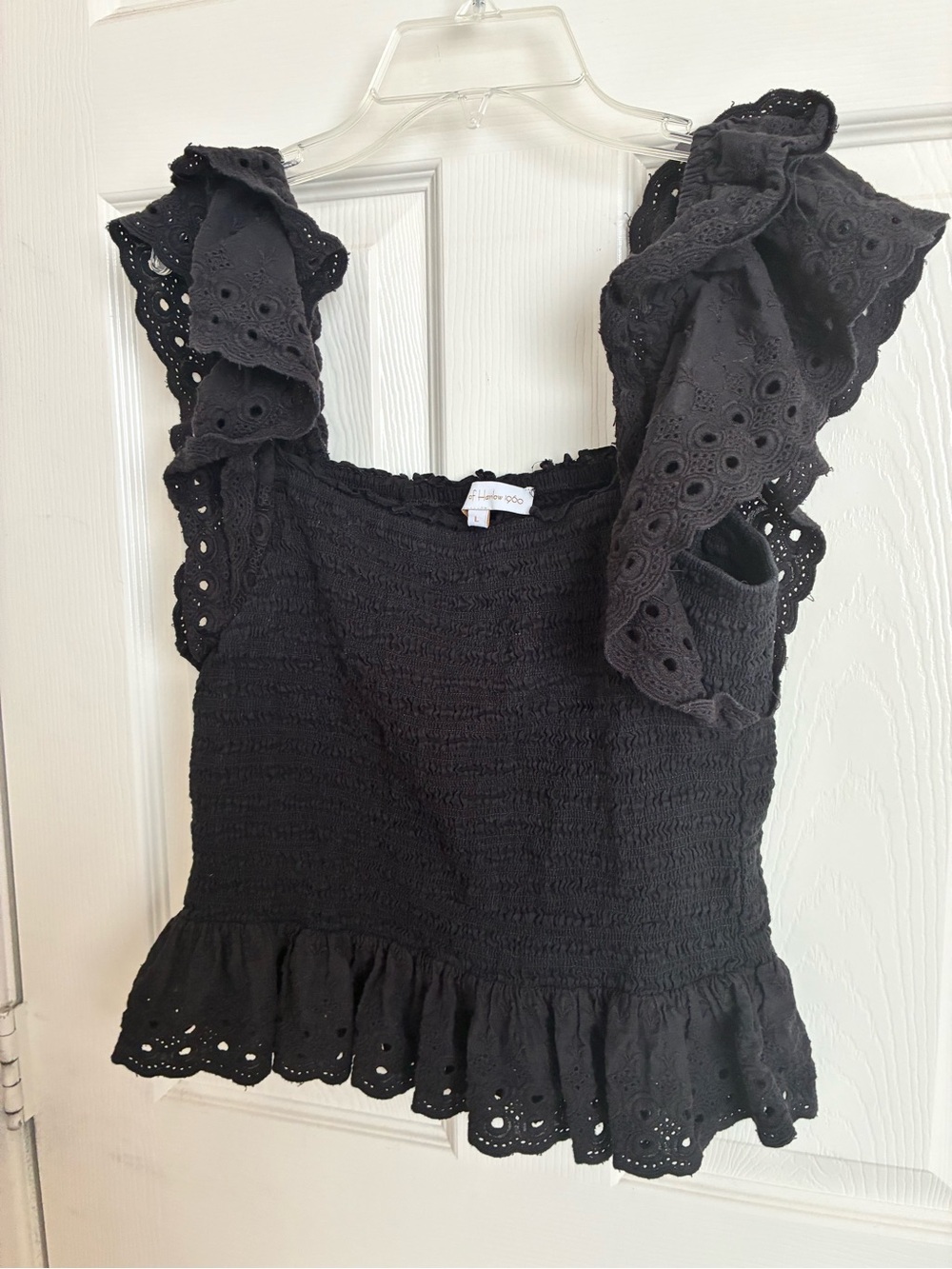 House of Harlow 1960 Black Eyelet Smocked Ruffle Tank